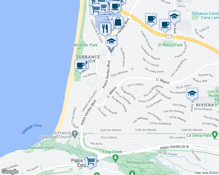 map of restaurants, bars, coffee shops, grocery stores, and more near 435 Camino de las Colinas in Redondo Beach