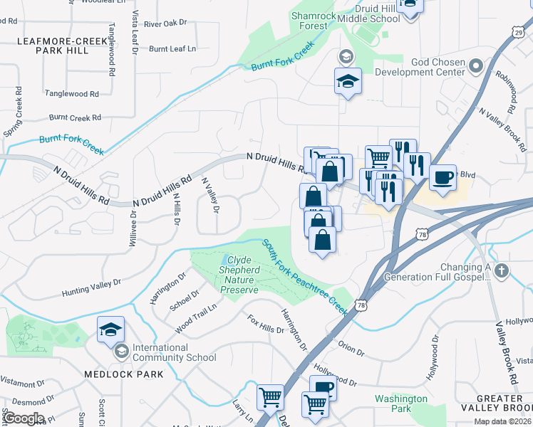 map of restaurants, bars, coffee shops, grocery stores, and more near 1020 Latham Road in Decatur