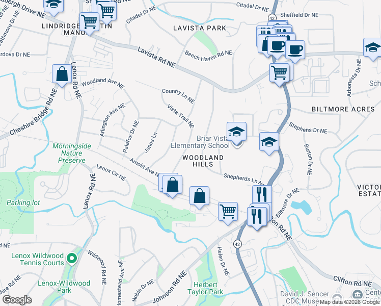 map of restaurants, bars, coffee shops, grocery stores, and more near 1089 Vista Trail Northeast in Atlanta