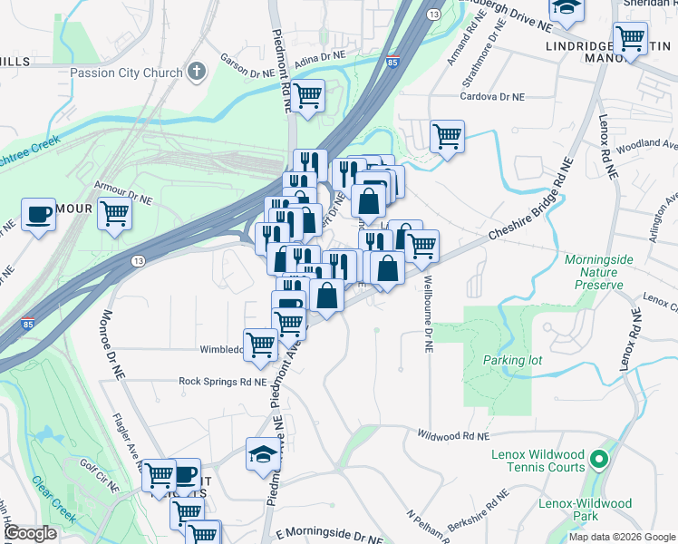 map of restaurants, bars, coffee shops, grocery stores, and more near 2021 Rockledge Road Northeast in Atlanta