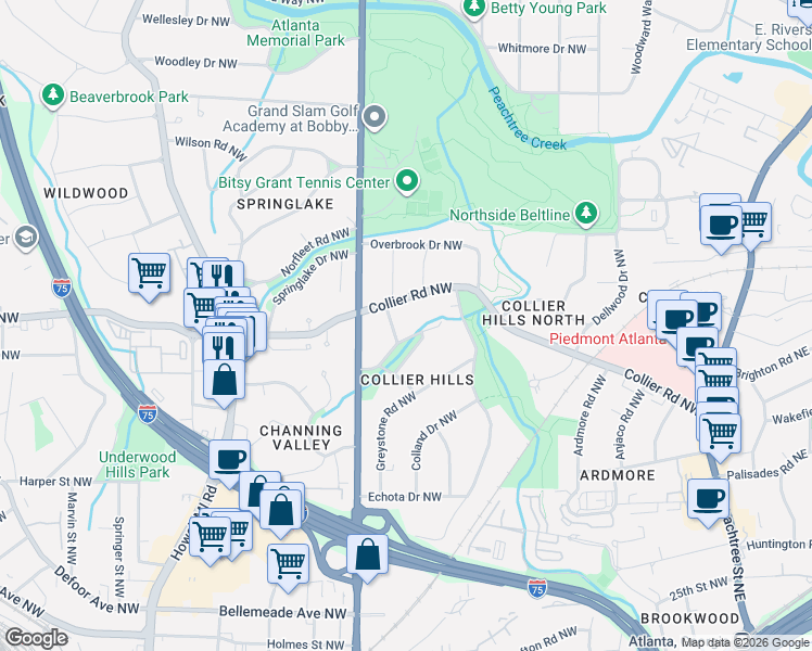 map of restaurants, bars, coffee shops, grocery stores, and more near 572 Collier Road Northwest in Atlanta