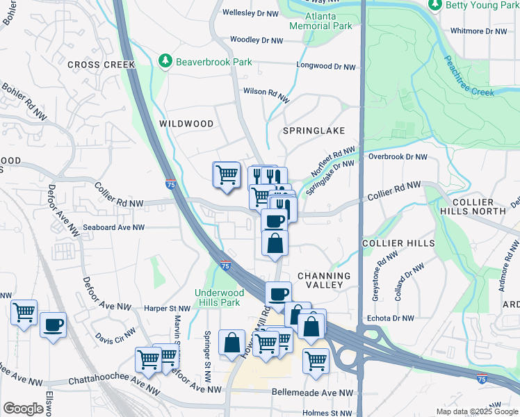 map of restaurants, bars, coffee shops, grocery stores, and more near 2020 Howell Mill Road Northwest in Atlanta