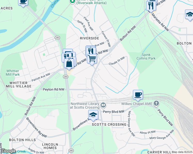 map of restaurants, bars, coffee shops, grocery stores, and more near 1994 Main Street Northwest in Atlanta