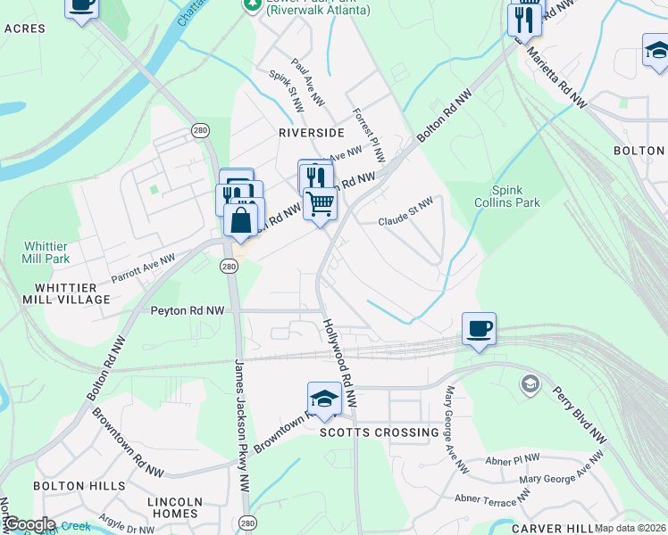 map of restaurants, bars, coffee shops, grocery stores, and more near 1994 Main Street Northwest in Atlanta