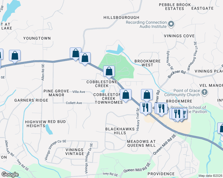 map of restaurants, bars, coffee shops, grocery stores, and more near 5984 Cobblestone Creek Trail in Mableton