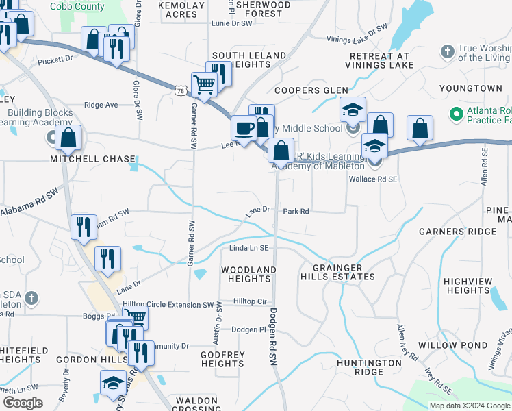 map of restaurants, bars, coffee shops, grocery stores, and more near 5916 Dodgen Road Southwest in Mableton
