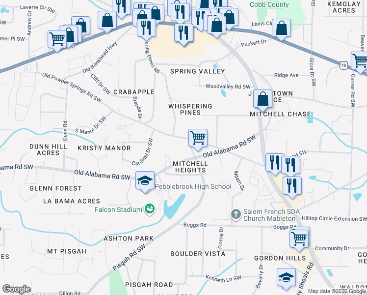 map of restaurants, bars, coffee shops, grocery stores, and more near 857 Old Powder Springs Road Southwest in Mableton