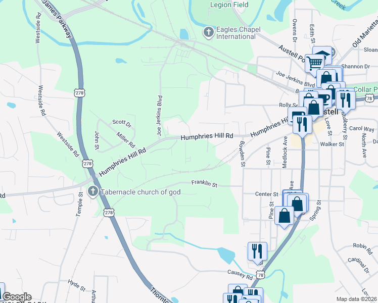 map of restaurants, bars, coffee shops, grocery stores, and more near 5943 Peco Lane in Austell