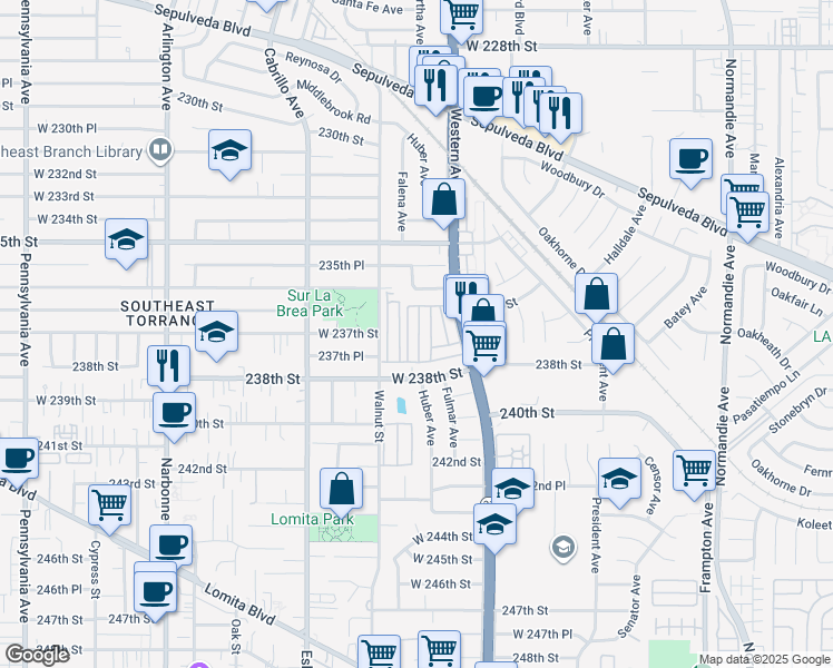map of restaurants, bars, coffee shops, grocery stores, and more near 23701 South Western Avenue in Torrance