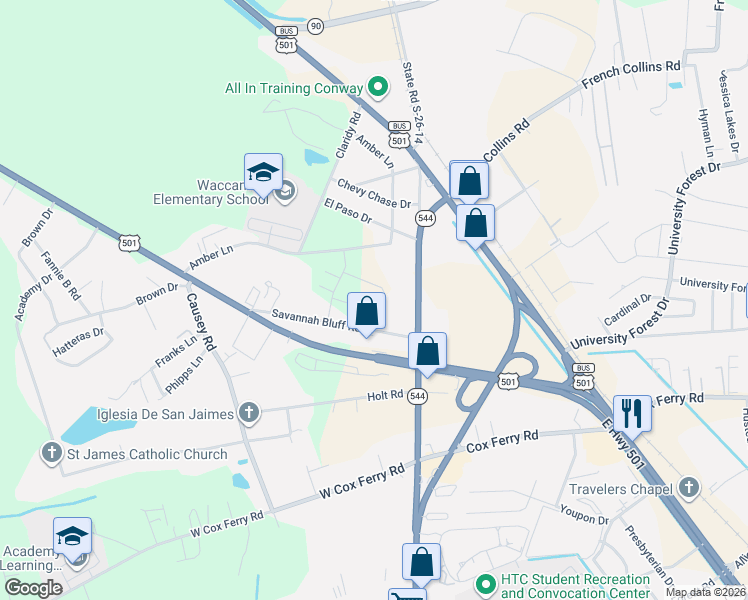 map of restaurants, bars, coffee shops, grocery stores, and more near 290 South Carolina 544 in Conway