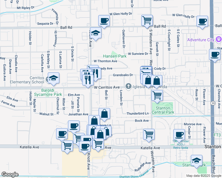 map of restaurants, bars, coffee shops, grocery stores, and more near 7150 West Cerritos Avenue in Stanton