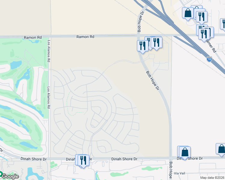 map of restaurants, bars, coffee shops, grocery stores, and more near 2481 Bob Hope Drive in Rancho Mirage