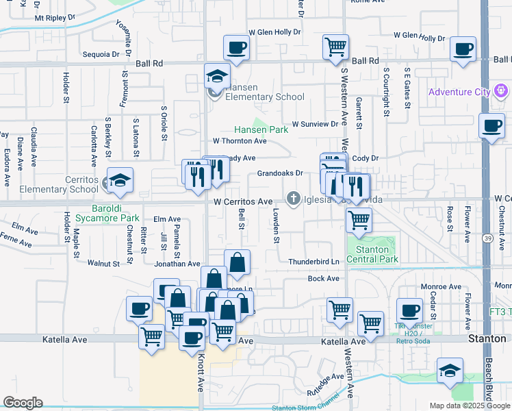 map of restaurants, bars, coffee shops, grocery stores, and more near 7150 West Cerritos Avenue in Stanton