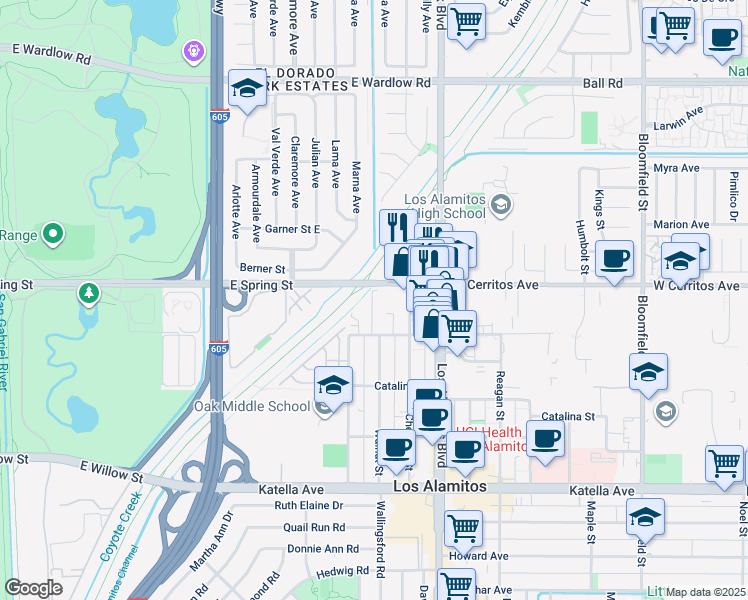map of restaurants, bars, coffee shops, grocery stores, and more near 10572 Acorn Place in Los Alamitos