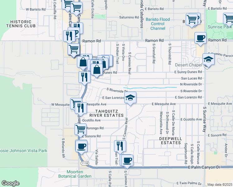map of restaurants, bars, coffee shops, grocery stores, and more near 747 South Riverside Drive in Palm Springs