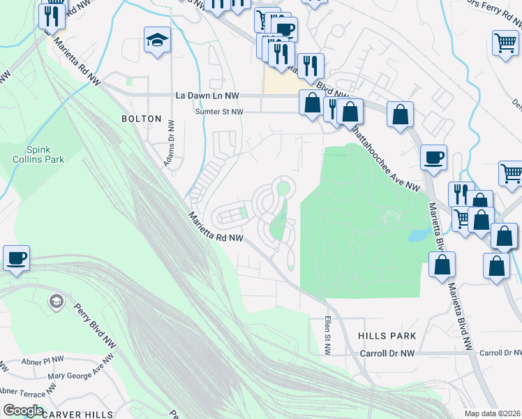 map of restaurants, bars, coffee shops, grocery stores, and more near 1694 Barfield Run Northwest in Atlanta