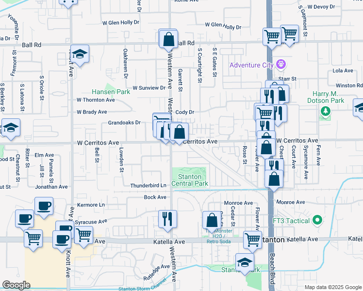 map of restaurants, bars, coffee shops, grocery stores, and more near 7514 West Cerritos Avenue in Stanton