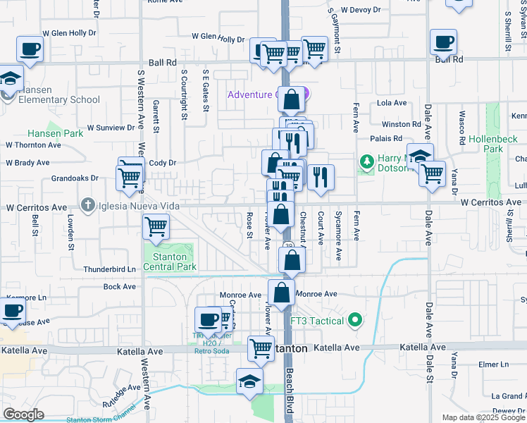 map of restaurants, bars, coffee shops, grocery stores, and more near 10511 Flower Avenue in Stanton
