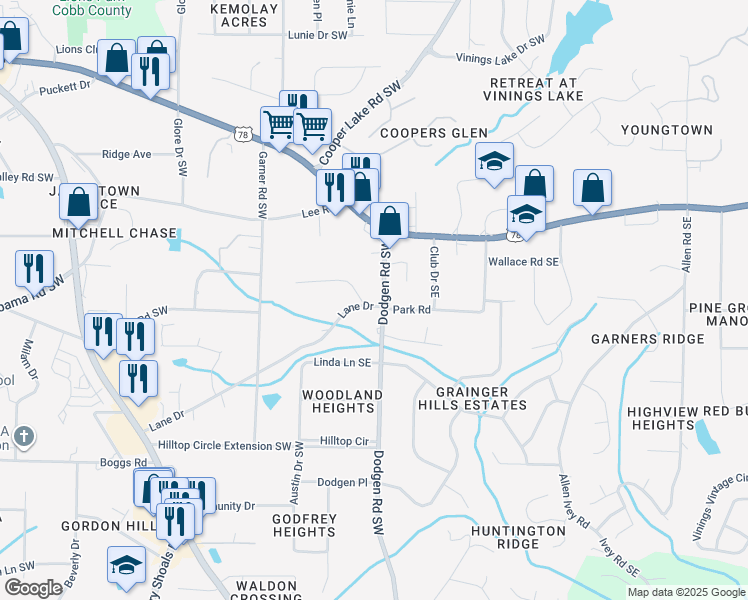 map of restaurants, bars, coffee shops, grocery stores, and more near 5916 Dodgen Rd SW in Mableton