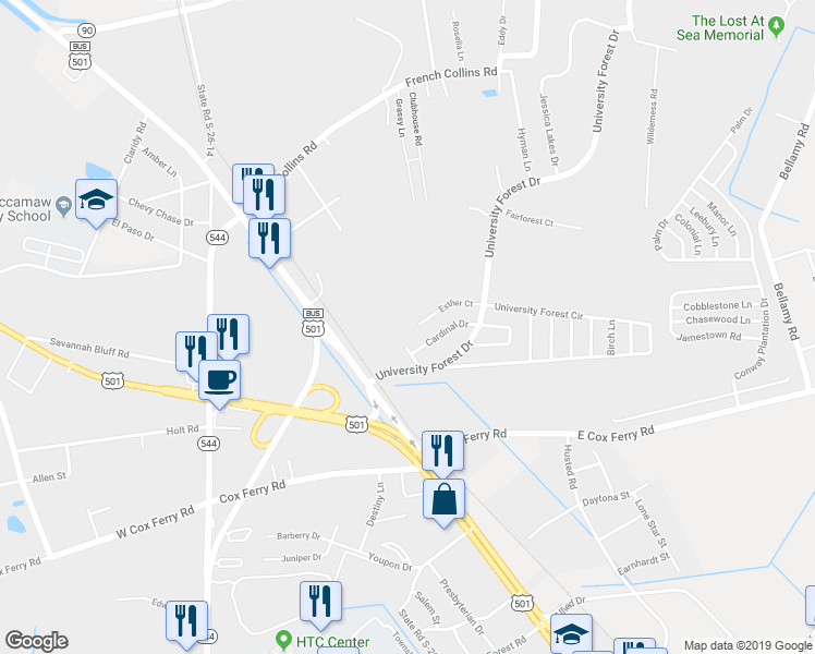 map of restaurants, bars, coffee shops, grocery stores, and more near 831 Esther Court in Conway