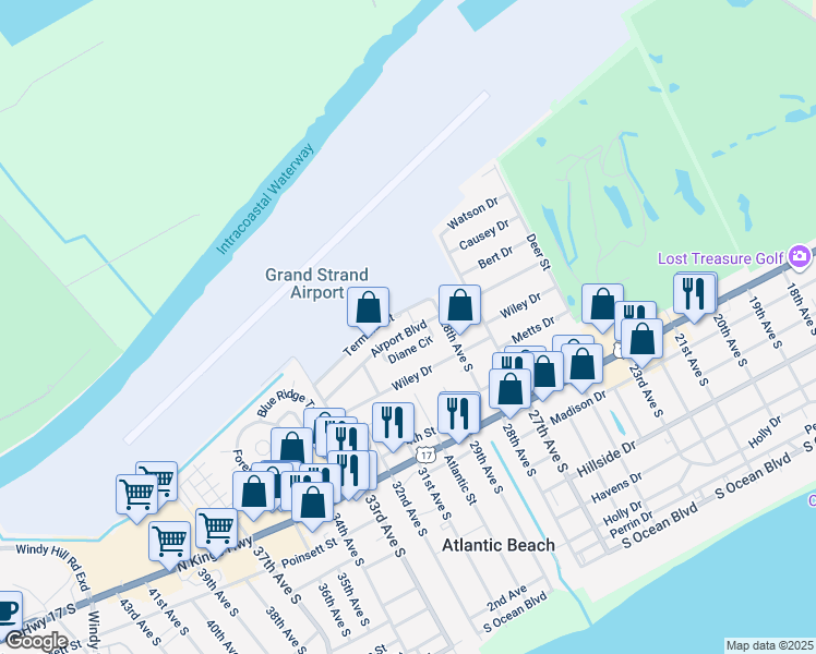 map of restaurants, bars, coffee shops, grocery stores, and more near 2812 Airport Boulevard in North Myrtle Beach