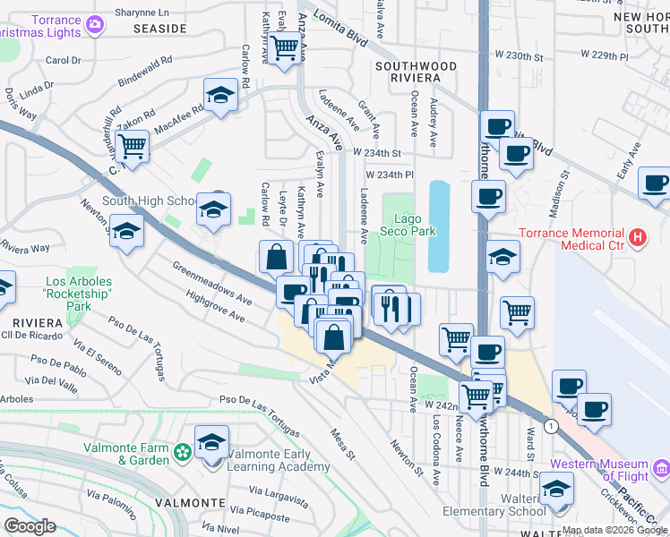 map of restaurants, bars, coffee shops, grocery stores, and more near 23817 Anza Avenue in Torrance