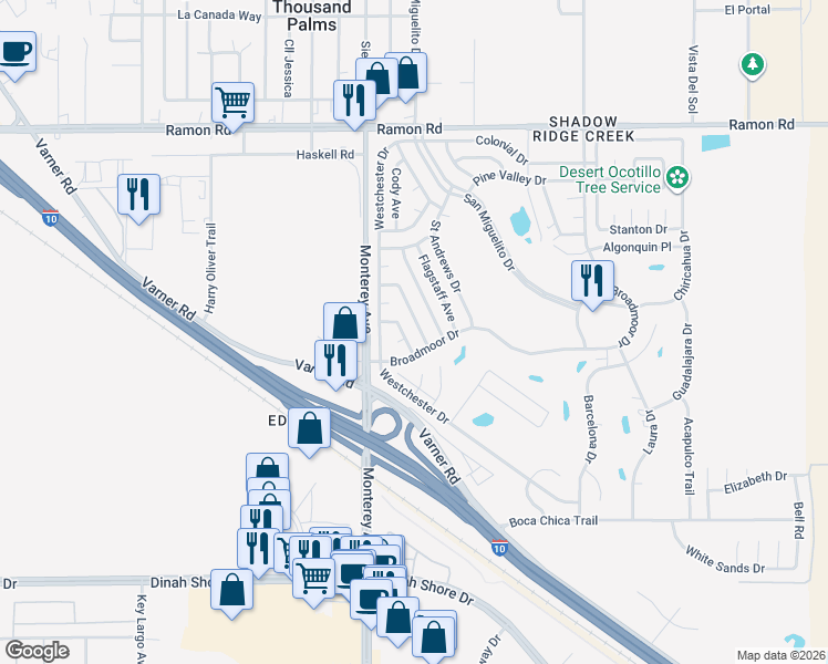 map of restaurants, bars, coffee shops, grocery stores, and more near 32813 Bloomfield Avenue in Thousand Palms