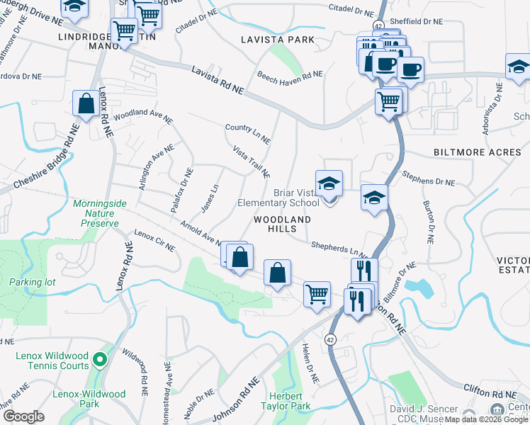 map of restaurants, bars, coffee shops, grocery stores, and more near 1089 Vista Trail Northeast in Atlanta