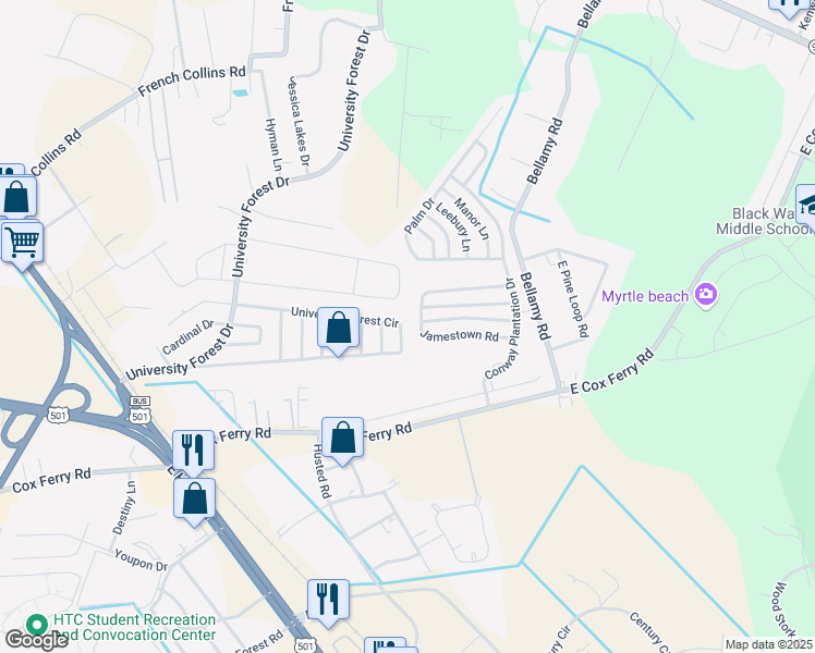 map of restaurants, bars, coffee shops, grocery stores, and more near 747 University Forest Circle in Conway