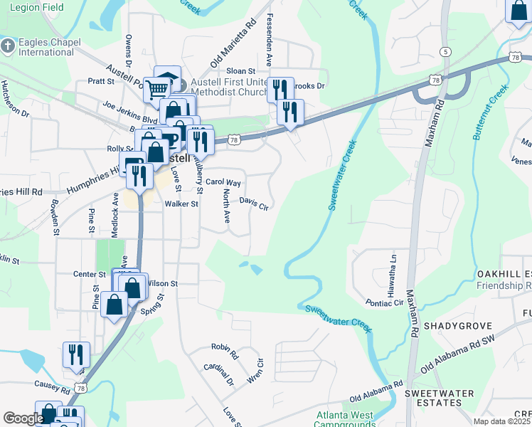 map of restaurants, bars, coffee shops, grocery stores, and more near 2565 Davis Circle in Austell