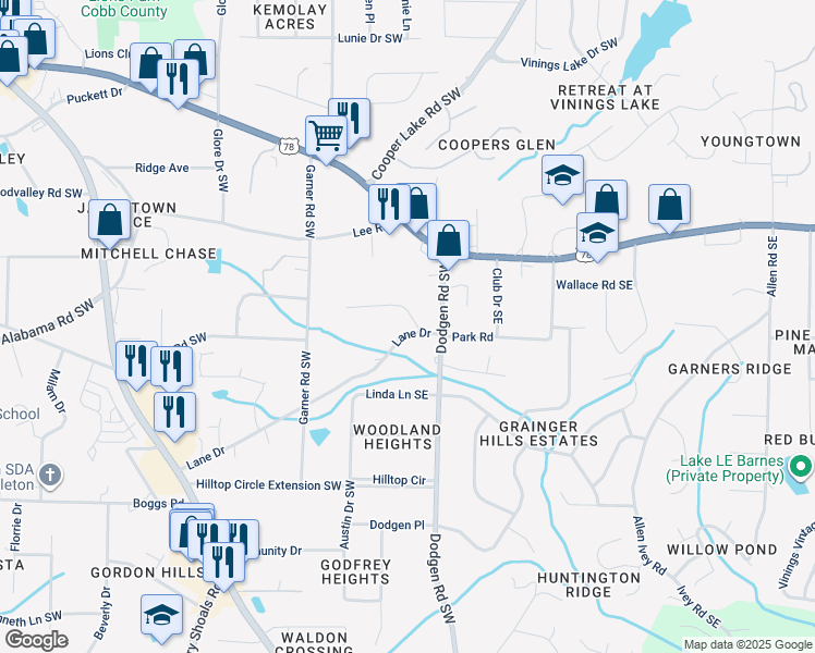 map of restaurants, bars, coffee shops, grocery stores, and more near 196 Lane Drive Southwest in Mableton