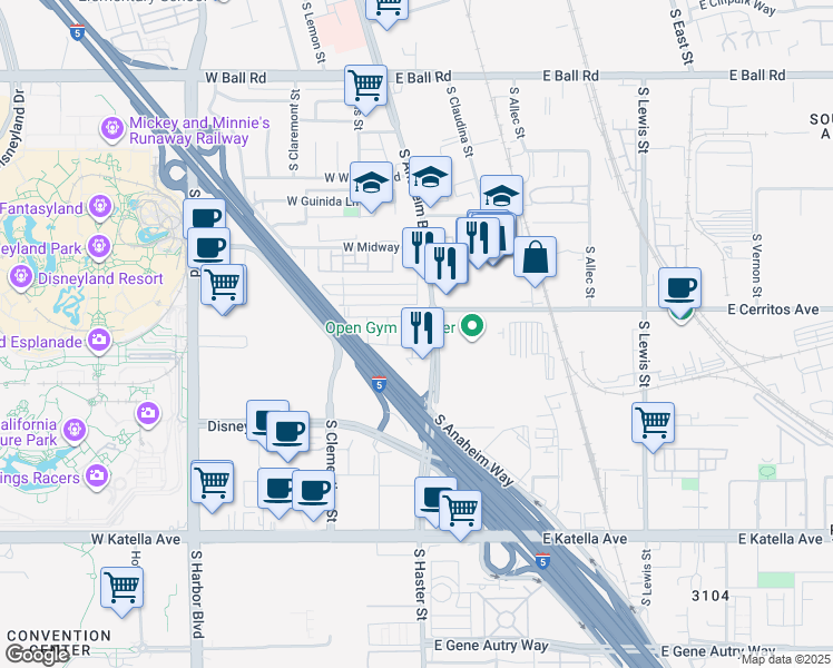 map of restaurants, bars, coffee shops, grocery stores, and more near 1410 South Urbana Street in Anaheim
