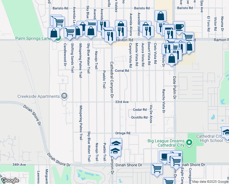 map of restaurants, bars, coffee shops, grocery stores, and more near 32886 Cathedral Canyon Drive in Cathedral City