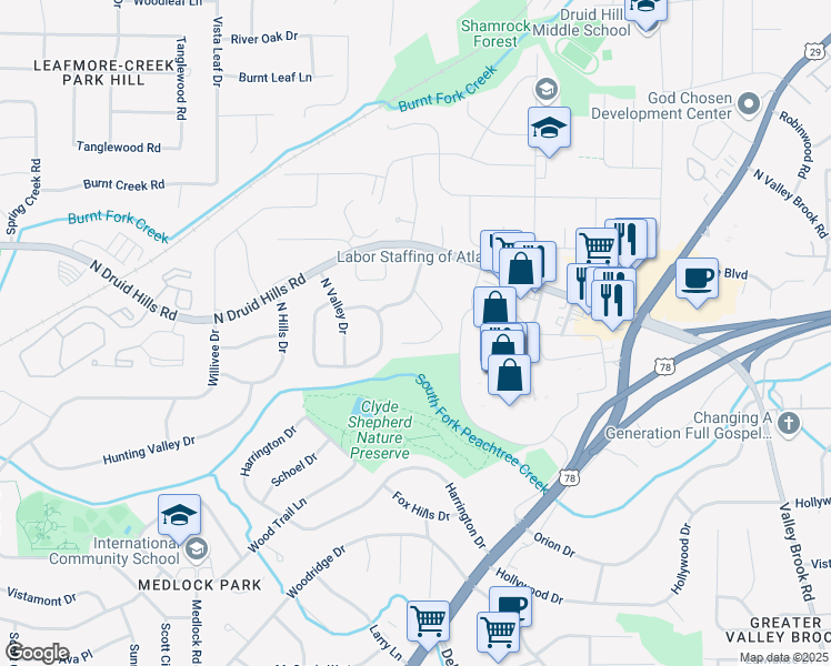 map of restaurants, bars, coffee shops, grocery stores, and more near 1012 Latham Road in Decatur