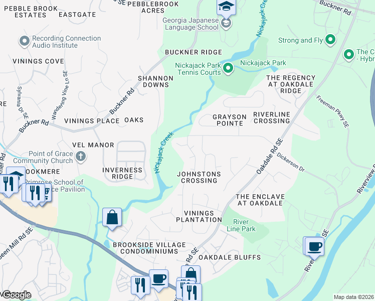 map of restaurants, bars, coffee shops, grocery stores, and more near 5856 Brookside Dr SE in Mableton
