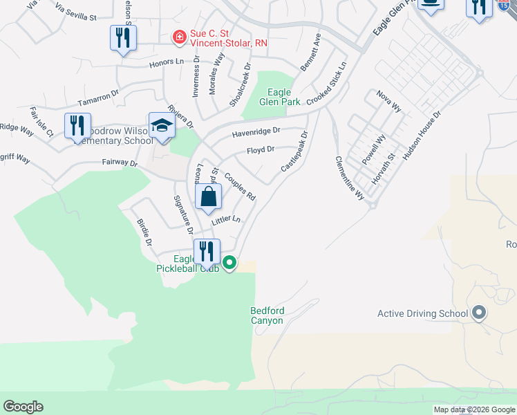 map of restaurants, bars, coffee shops, grocery stores, and more near 1861 Couples Road in Corona
