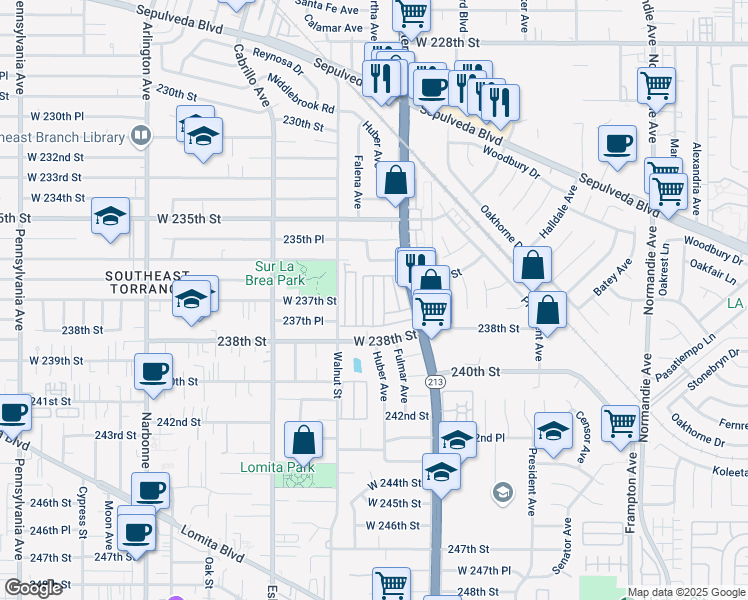 map of restaurants, bars, coffee shops, grocery stores, and more near 23701 South Western Avenue in Torrance
