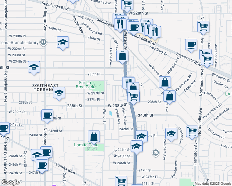 map of restaurants, bars, coffee shops, grocery stores, and more near 23701 South Western Avenue in Torrance
