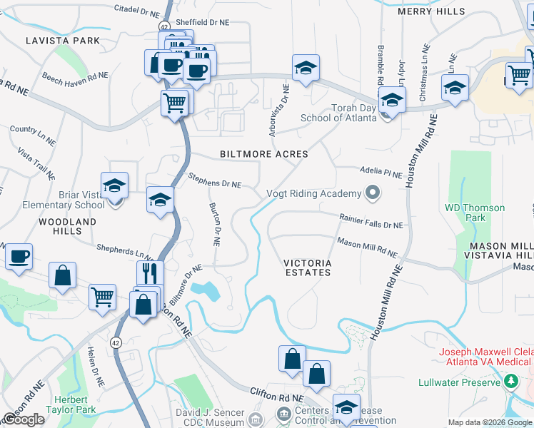 map of restaurants, bars, coffee shops, grocery stores, and more near 1488 Rainier Falls Drive Northeast in Atlanta