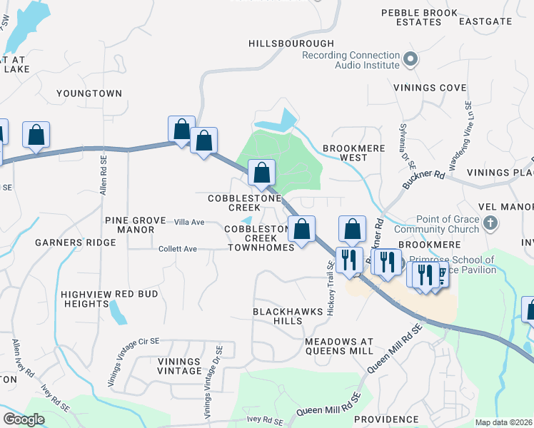 map of restaurants, bars, coffee shops, grocery stores, and more near 5984 Cobblestone Creek Trail in Mableton