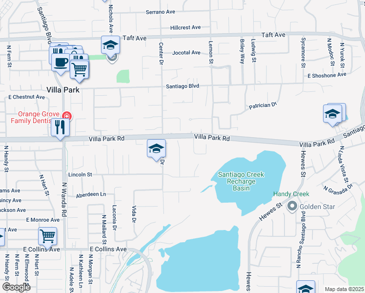 map of restaurants, bars, coffee shops, grocery stores, and more near 10452 Wulff Drive in Villa Park