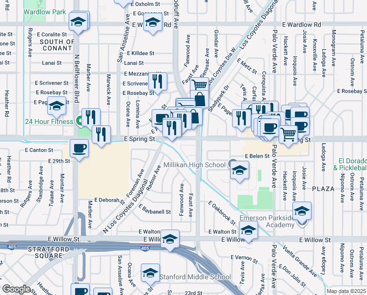 map of restaurants, bars, coffee shops, grocery stores, and more near 5940 East Wentworth Street in Long Beach