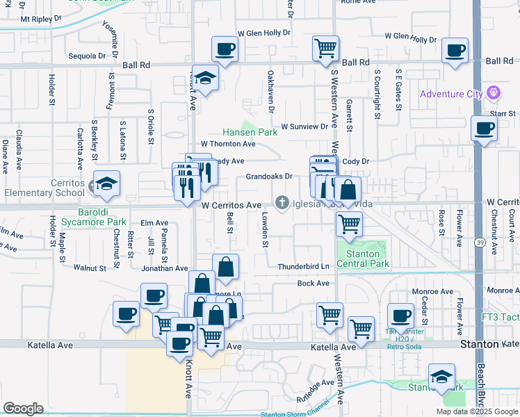 map of restaurants, bars, coffee shops, grocery stores, and more near 7232 West Cerritos Avenue in Stanton