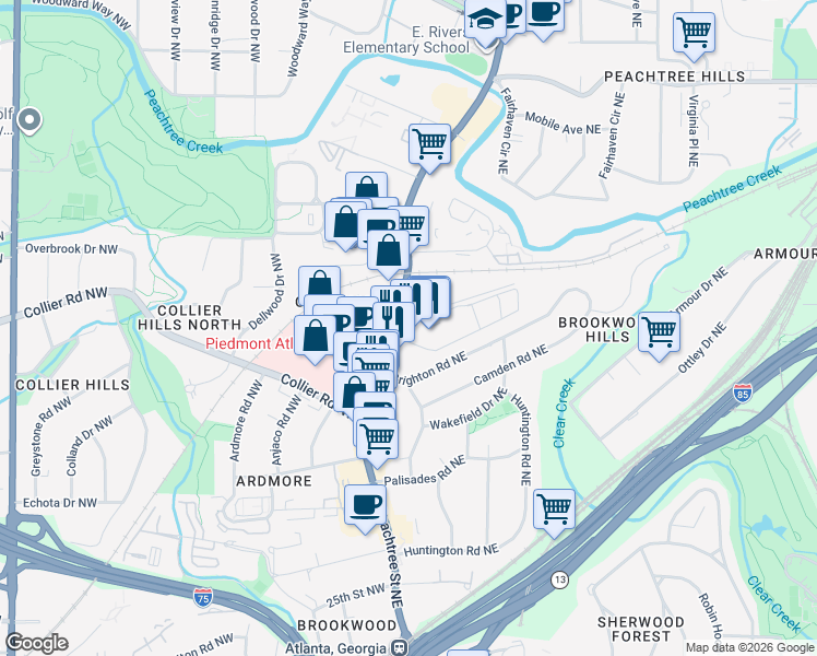 map of restaurants, bars, coffee shops, grocery stores, and more near 2025 Peachtree Road Northeast in Atlanta