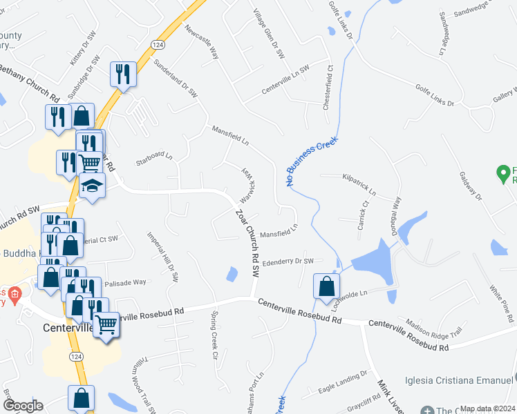 map of restaurants, bars, coffee shops, grocery stores, and more near 3575 Royal Court in Snellville