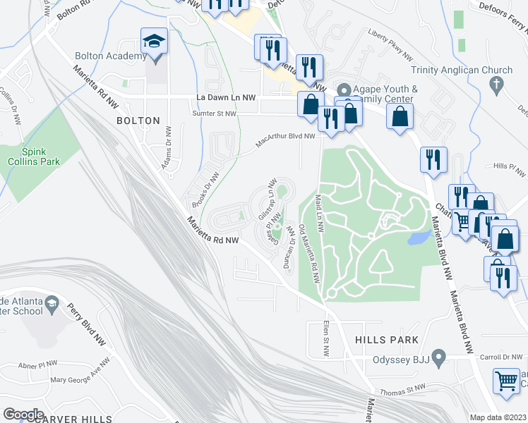 map of restaurants, bars, coffee shops, grocery stores, and more near 1560 Gilstrap Lane in Atlanta