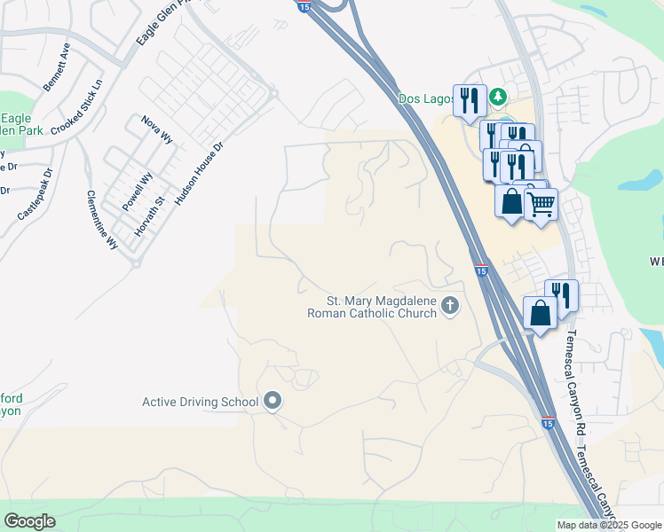 map of restaurants, bars, coffee shops, grocery stores, and more near 8140 Weirick Road in Corona