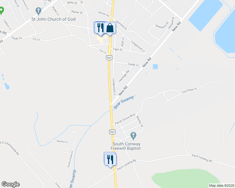 map of restaurants, bars, coffee shops, grocery stores, and more near 3421 Longwood Lane in Conway