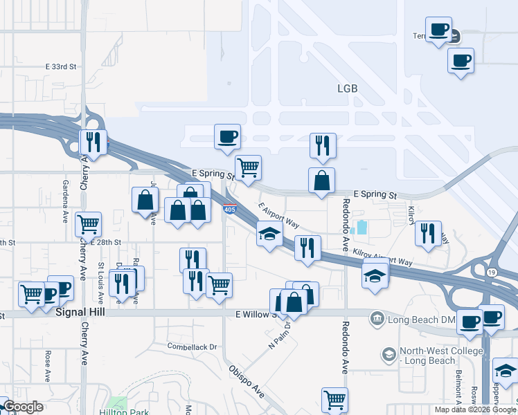 map of restaurants, bars, coffee shops, grocery stores, and more near 3070 East Airport Way in Long Beach