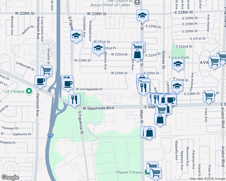 map of restaurants, bars, coffee shops, grocery stores, and more near 300 West Carriagedale Drive in Carson